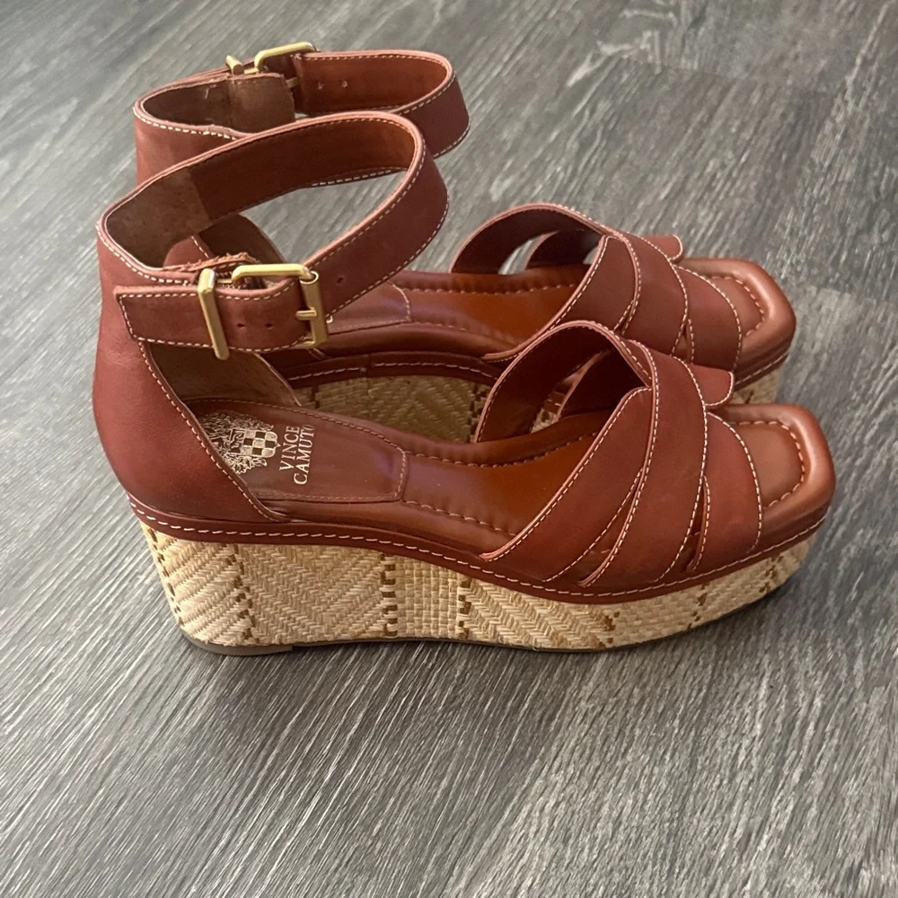 Vince Camuto Cognac Leather Platform Wedge Sandals with Ankle Strap